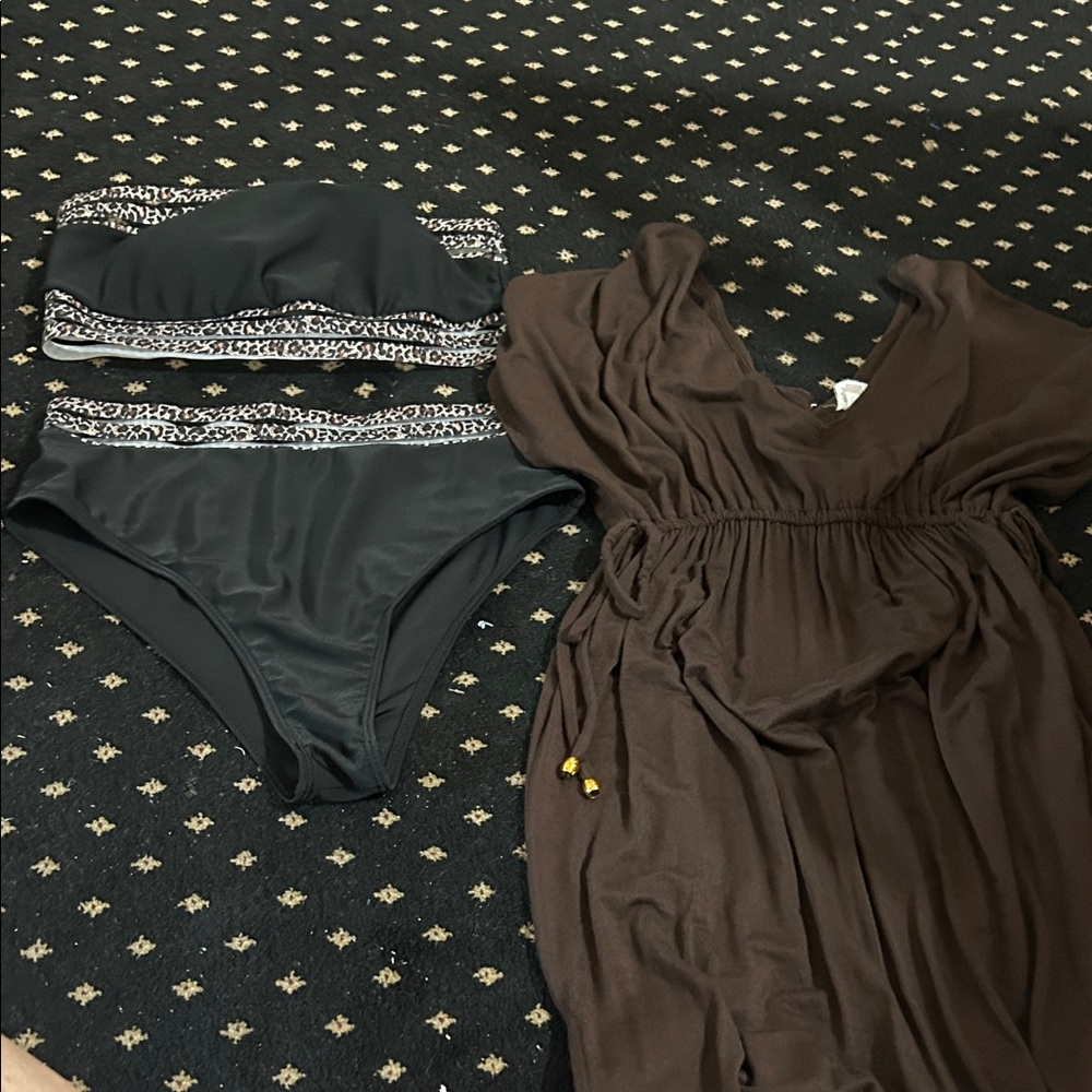 Medium Black and Brown animal print accent 2 piece bathing suit and coverup